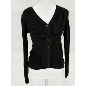 Classic Luxe Erik Stewart Black Ribbed Silk Blend Button Front Cardigan Womens S